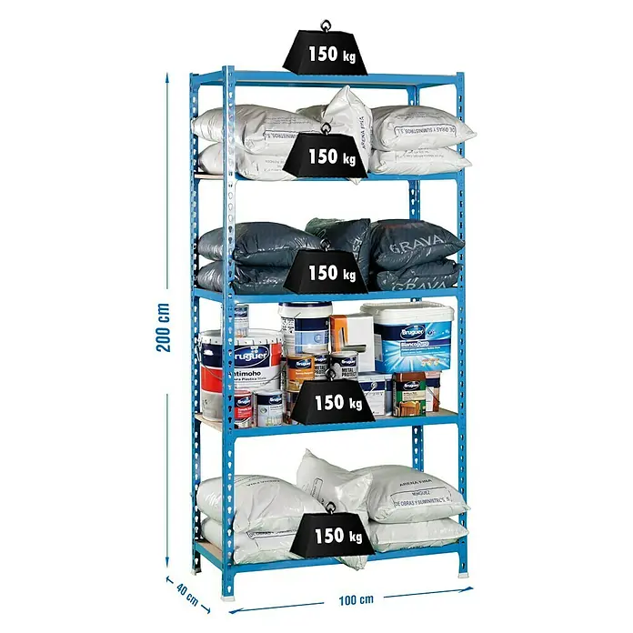 Simonrack Maderclick Metallregal Maderclick Plus - H x B x T: 200 x 100 x 40 cm, Traglast pro Boden: 150 kg, Anzahl Böden: 5 Stk., Stecken, Blau - Aufnahme eines blauen Metallregals mit fünf Ebenen, beladen mit Farbbehältern, Sandsäcken und Gewichten von 150 kg zur Demonstration der Tragfähigkeit.