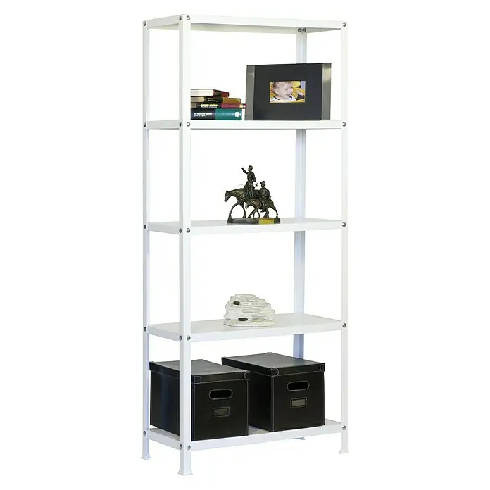 Simonrack Simonhome Metallregal Classic Mini - H x B x T: 180 x 80 x 30 cm, Traglast pro Boden: 100 kg, Anzahl Böden: 5 Stk., Schrauben, Weiß/Weiß - Ein weißes Bücherregal mit fünf Regalböden, auf denen Bücher, Dekorationen und Aufbewahrungsboxen stehen.