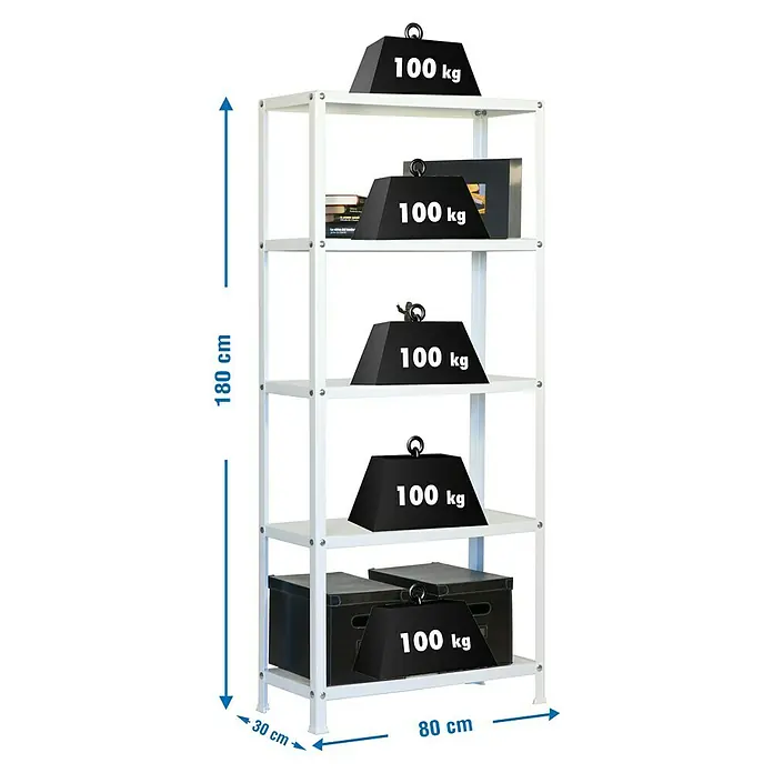 Simonrack Simonhome Metallregal Classic Mini - H x B x T: 180 x 80 x 30 cm, Traglast pro Boden: 100 kg, Anzahl Böden: 5 Stk., Schrauben, Weiß/Weiß - Ein weißes Regal mit fünf Ebenen, jede mit einem Gewicht von 100 kg belastet. Die Gesamtmaße sind 180 cm Höhe, 30 cm Tiefe und 80 cm Breite.