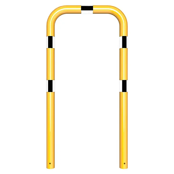Schake Sperrbügel - Stahl, Einbetonieren, B x L: 750 x 1.150 mm - Gelber Anfahrschutzbügel mit schwarzen Streifen, ein robustes Hindernis für den Schutz von Anlagen und Personen.