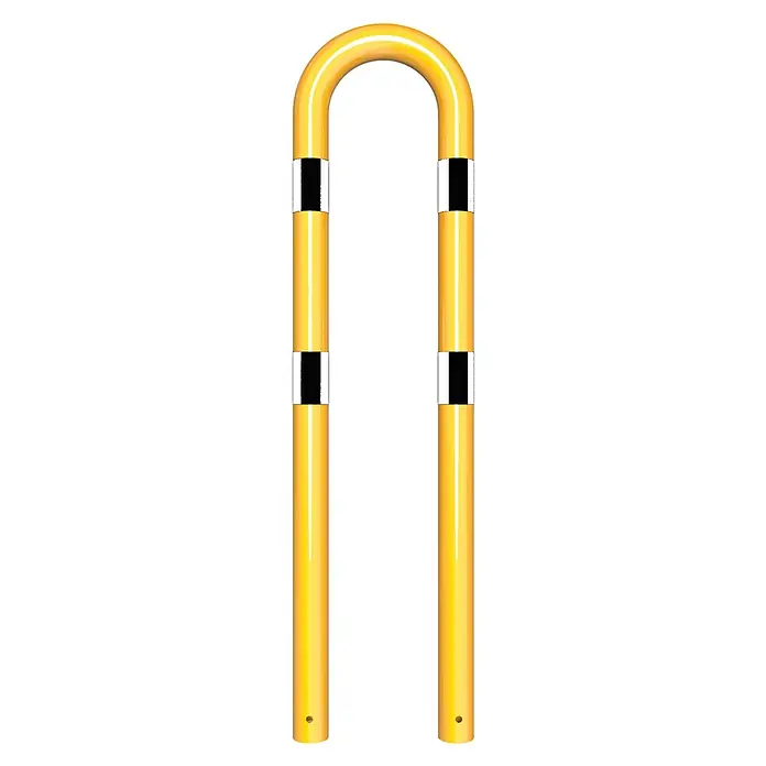 Schake Sperrbügel - Stahl, Einbetonieren, B x L: 400 x 1.150 mm - Gelber Schutzbügel mit schwarzen Markierungen für erhöhte Sicherheit und Sichtbarkeit in Industrie- und Verkehrsbereichen.