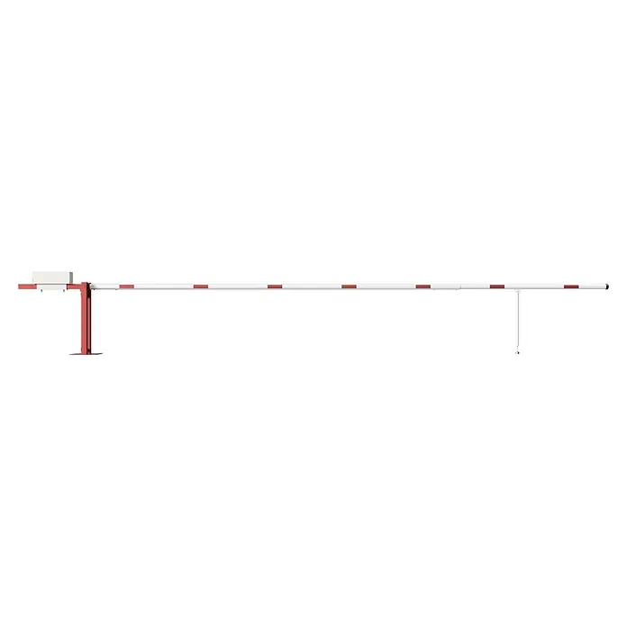 Schake Wegeschranke - Mit Pendelstütze, Art Schloss: Vorhängeschloss, Länge: 7.900 mm - Eine lange, weiße Schranke mit roten Markierungen und Stützen, ideal für die Verkehrskontrolle und Sicherheit.