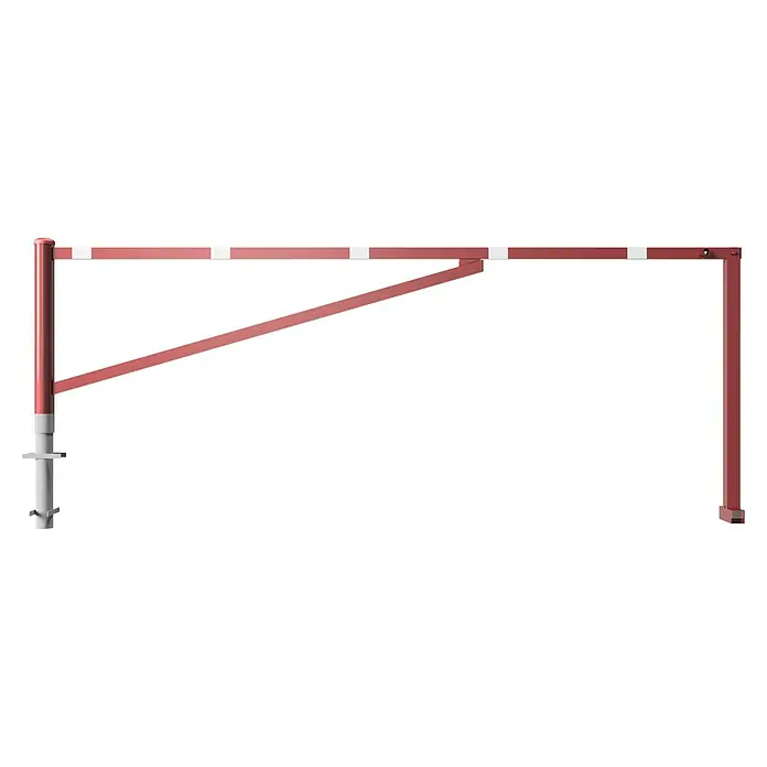 Schake Drehschranke - Mit Diagonalverstrebung, Art Schloss: Dreikantverriegelung, Länge: 3,5 m - Schranke in Rot und Weiß mit einem diagonalen Stützbalken. Diese Schranke sorgt für kontrollierten Zugang und Sicherheit.