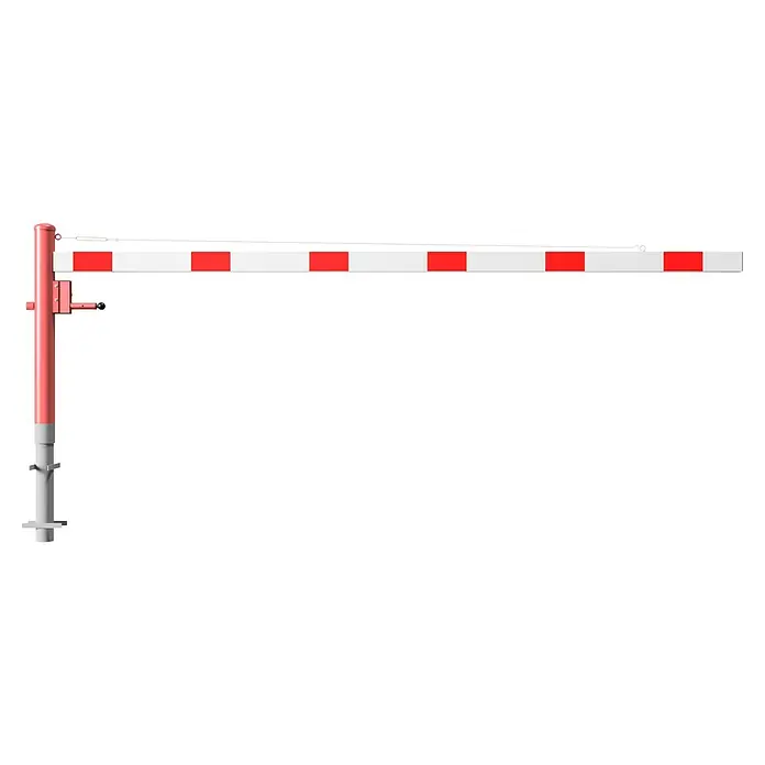 Schake Drehschranke - Mit Seilzugverstärkung, Art Schloss: Dreikantverriegelung, Länge: 3.500 mm - Rote und weiße Schranke, ideal für die Verkehrskontrolle. Robust und gut sichtbar, sorgt sie für Sicherheit und Ordnung im Straßenverkehr.