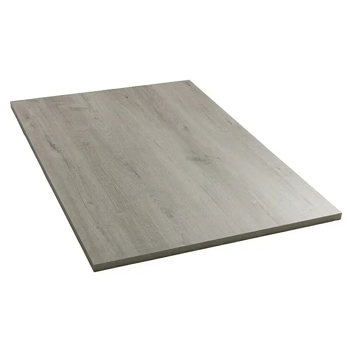 Tischplatte - Romantik Eiche, 120 cm x 80 cm x 25 mm - Nahaufnahme einer hellgrauen Holzplatte mit markanter Maserung, ideal als Tischplatte oder Arbeitsfläche.