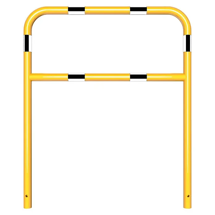 Schake Sperrbügel - 1.000 x 1.200 mm, Stahl, Einbetonieren, Mit Querholm - Geländer mit gelben und schwarzen Streifen.