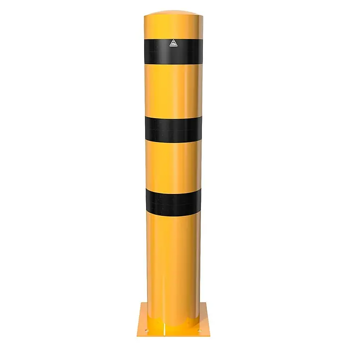 Schake Absperrpfosten 40273BG - Stahl, Gelb/Schwarz - Gelber Rammschutzpoller mit schwarzen Streifen zur Verkehrssicherung.
