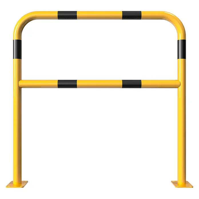 Schake Sperrbügel - 1.000 x 1.000 mm, Stahl, Einbetonieren, Mit Querholm - Gelbes Schutzgeländer mit schwarzen Streifen, das Sicherheit und Schutz in industriellen Umgebungen bietet.