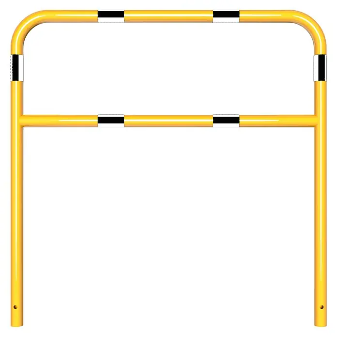 Schake Sperrbügel - 1.200 x 1.200 mm, Stahl, Einbetonieren, Mit Querholm - Gelber Anfahrschutzbügel mit schwarzen Warnmarkierungen. Der Anfahrschutz ist ein effektiver Schutz für Personen und Maschinen.