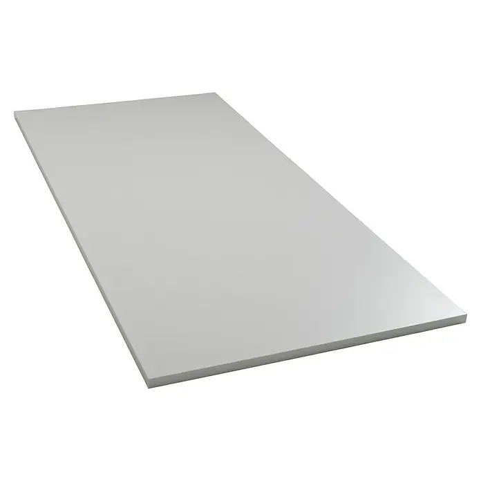 Tischplatte - Weiß, 180 cm x 80 cm x 25 mm - Diese Aufnahme zeigt eine schlichte, rechteckige weiße Platte, die leicht schräg auf einer ebenen Fläche liegt.