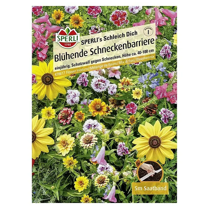 Sperli Blumensamenmischung Blühende Schneckenbarriere - Verschiedene Sorten, Mehrfarbig - Abbildung der "Blühende Schneckenbarriere" von Sperli, einer einjährigen Blumenmischung, die Schnecken abwehrt und ca. 40-100 cm hoch wird.