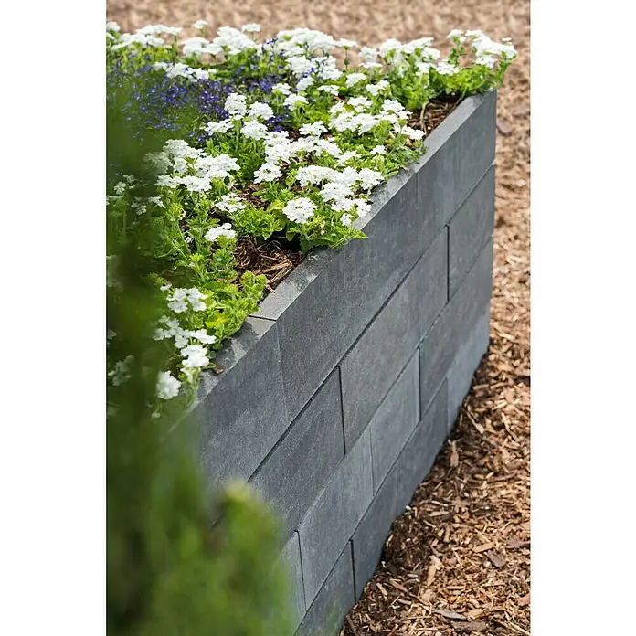 Diephaus Schalungsstein Cary - 50 x 24 x 25 cm, Quarzit, Beton - Der erhöhte Garten mit Betonsteinen ist mit blühenden Blumen bepflanzt. Das hochwertige Beet ist eine tolle Gartendekoration.