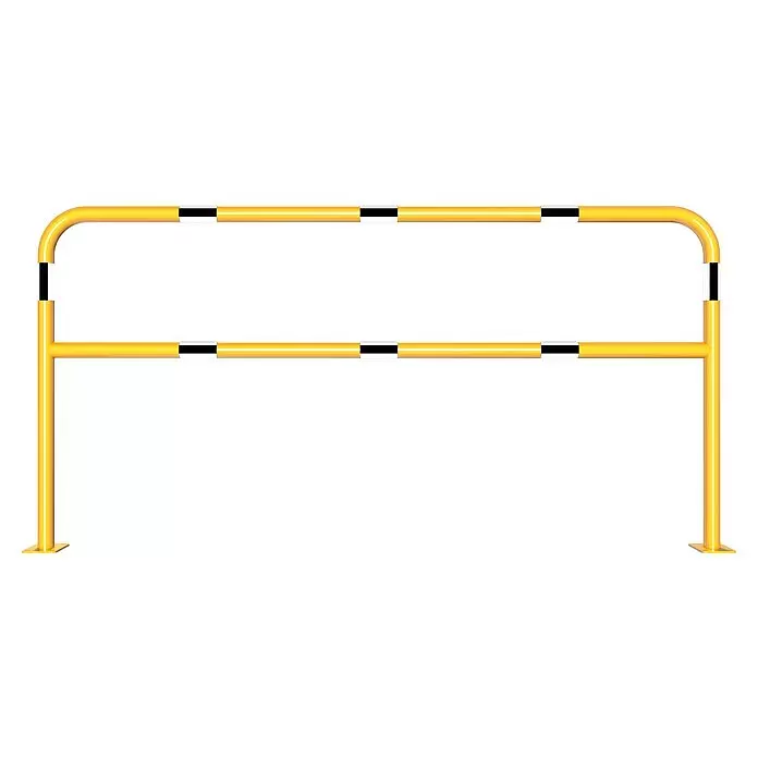 Schake Sperrbügel - 2.000 x 1.000 mm, Stahl, Einbetonieren, Mit Querholm - Gelbe Metallsicherheitsbarriere mit schwarzen Reflexstreifen.