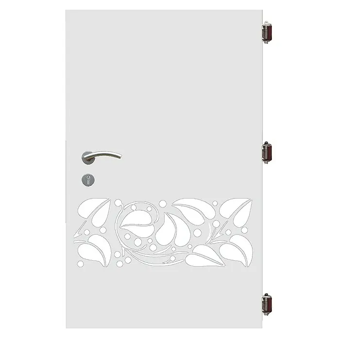 Gabio Zauntor Efeu - 4,2 x 135 cm, Stahl, Weiß - Weiße Tür mit floralem Muster im unteren Bereich und silbernem Türgriff, ideal für moderne Wohnräume.