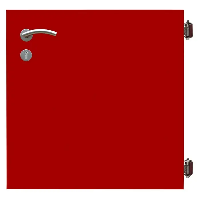 Gabio Zauntor Voll - 4,2 x 90 cm, Stahl, Rubinrot - Eine rote Tür mit silbernem Griff und zwei Scharnieren.