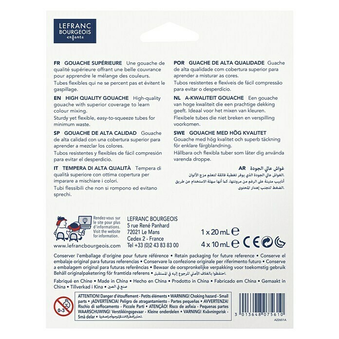 Lefranc & Bourgeois Gouachefarben-Set Schule4 Stk. x 10 ml, Tube Back View