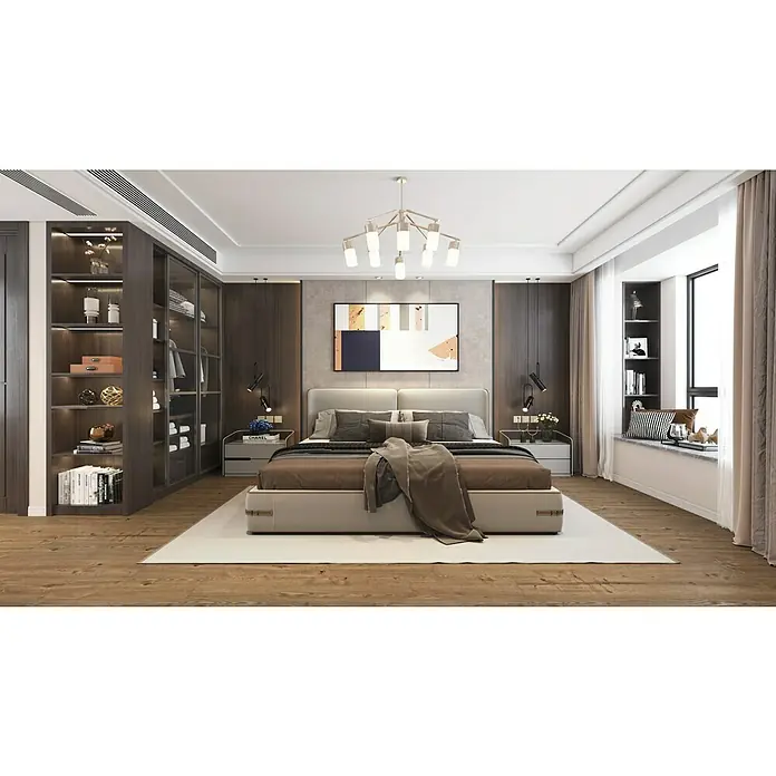 Suelo vinílico SPC Arica - 1.520 x 230 x 6,7 mm, Marrón, Resistente al agua - Elegante dormitorio con cama moderna, iluminación elegante y un amplio armario. La imagen muestra un diseño de habitación armónico.