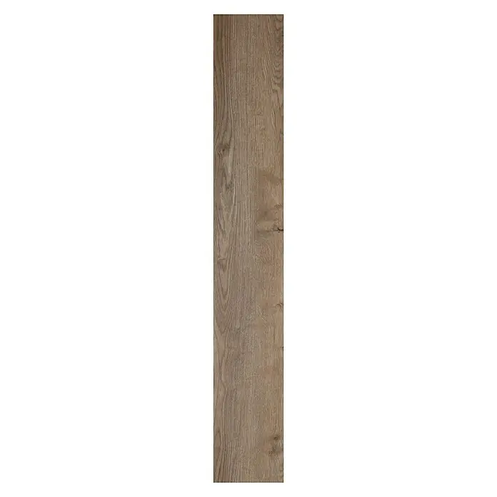 Suelo vinílico SPC Arica - 1.520 x 230 x 6,7 mm, Marrón, Resistente al agua - Primer plano de un panel de madera que muestra la veta. Ideal para suelos o revestimientos de paredes. Encanto rústico para cualquier estancia.
