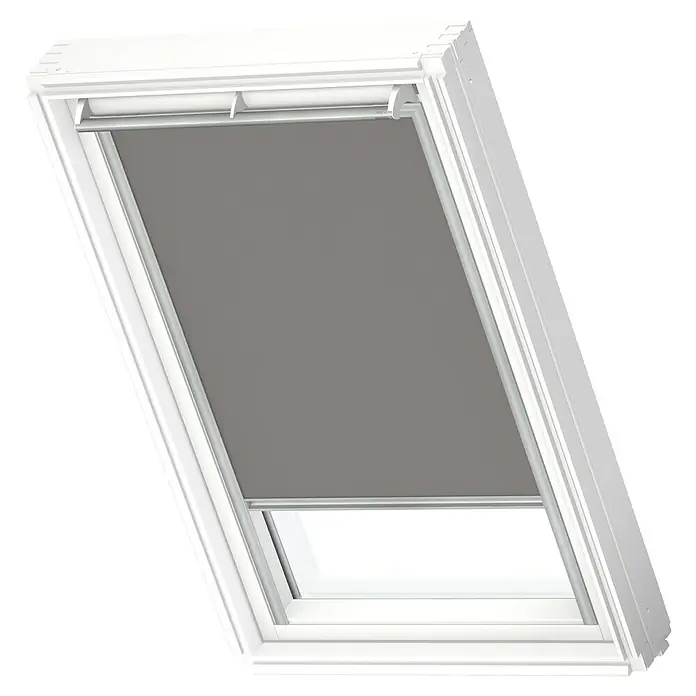 Velux Dachfensterrollo DKL Y47 0705SFarbe: Grau - 0705S, Farbe Schiene: Aluminium, Manuell - Dachfenster mit Rollo. Das Rollo ist grau und befindet sich in einem weißen Rahmen. Sorgt für Verdunkelung und Privatsphäre.