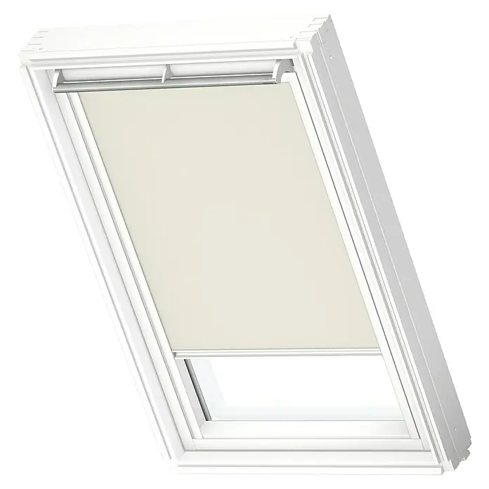 Velux Dachfensterrollo DKL UK10 1085SWL - Farbe: Hellbeige - 1085SWL, Farbe Schiene: Weiß, Manuell - Dachfenster mit blickdichtem Rollo in neutralem Farbton, ideal für Schlafzimmer oder Kinderzimmer. Effektiver Sonnenschutz und Verdunkelung.