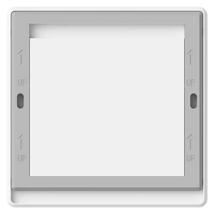 UniTEC Kohlenmonoxidmelder Design WS - L x B x H: 50 x 120 x 150 mm, Batterielaufzeit: 10 Jahre - Weiße quadratische Blende für einen Lichtschalter. Die Blende hat "UP"-Markierungen und Schlitze für die Installation.