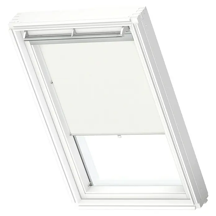 Velux Dachfensterrollo Haltekrallen RHL 100 1028 - Farbe: Weiß - 1028, Farbe Schiene: Aluminium, Manuell - Ein Dachfenster mit einem eleganten, weißen Rollo, das teilweise geöffnet ist, um Licht hereinzulassen. Das Rollo bietet Sonnenschutz und Privatsphäre.