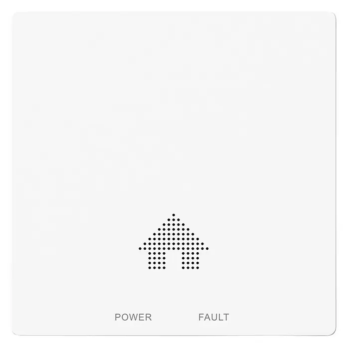 UniTEC Kohlenmonoxidmelder Design WS - L x B x H: 50 x 120 x 150 mm, Batterielaufzeit: 10 Jahre - Nahaufnahme einer Smart-Home-Zentrale mit Power- und Fehleranzeige, die ein modernes, minimalistisches Design für die Hausautomation zeigt.