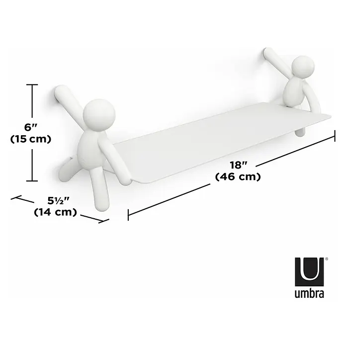 Kleiderhaken Buddy - 7,5 x 16,8 cm, Weiß, Traglast: 2,2 kg/Haken - Abbildung eines Umbra Buddy Regals in Weiß mit Größenangaben. Das Regal wird von zwei Buddy Figuren gehalten.