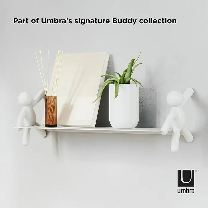 Kleiderhaken Buddy - 7,5 x 16,8 cm, Weiß, Traglast: 2,2 kg/Haken - Umbra Buddy Regal: Ein schwebendes Wandregal mit zwei Buddy-Figuren, ideal für Bücher, Pflanzen und Dekorationen im modernen Wohnraum.
