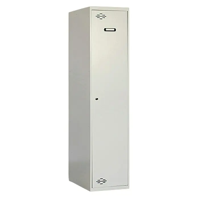 Simonrack Simonlocker Taquilla DIY Single Inicial Desmontada - L x An x Al: 50 x 40 x 180 cm, Número de puertas: 1 ud. - Un armario metálico gris, alto y delgado, con rejillas de ventilación, una manija y un orificio para la llave. Ideal para almacenar.