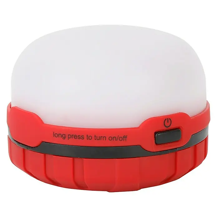 BAUHAUS Campinglampe Dot - 45 lm - Rote Campinglaterne mit weißem Lampenschirm und schwarzem Bedienfeld mit der Aufschrift "long press to turn on/off".