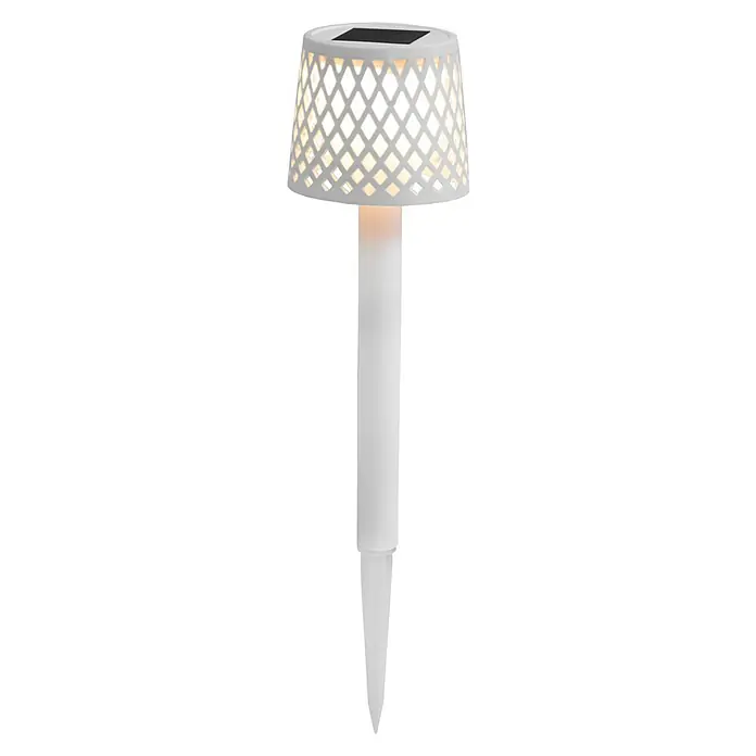 New Garden Lámpara solar Gretita - 0,5 W, Ø x Al: 9 x 39 cm, Blanco, 4 ud. - Imagen de una lámpara solar blanca con una pantalla calada decorativa y una estaca para jardín.