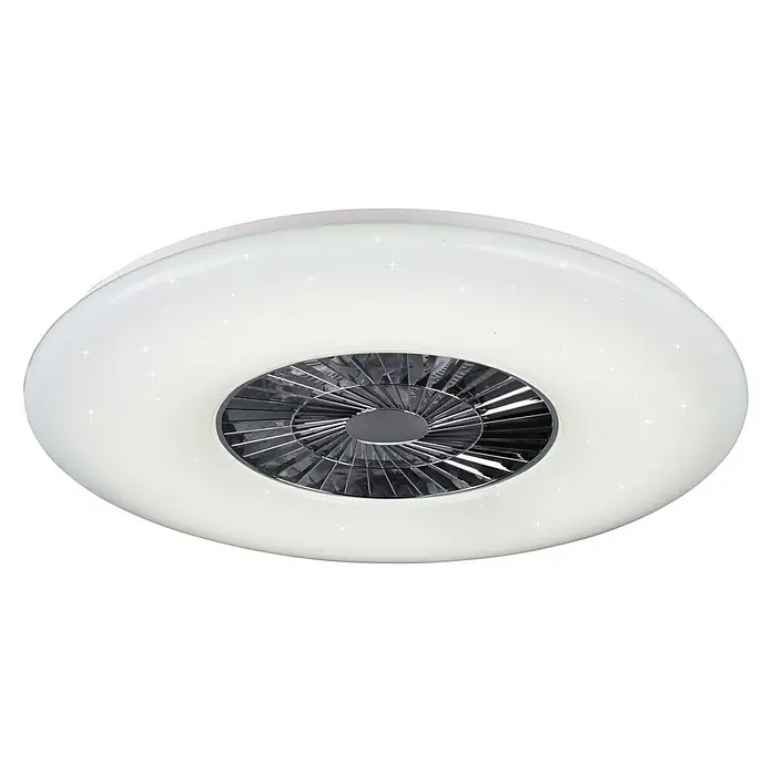 Trio Lighting Ventilador de techo Visby - Blanco, 75 cm, 60 W, Blanco neutro - Primer plano de una lámpara de techo redonda y moderna con ventilador integrado y detalles brillantes.