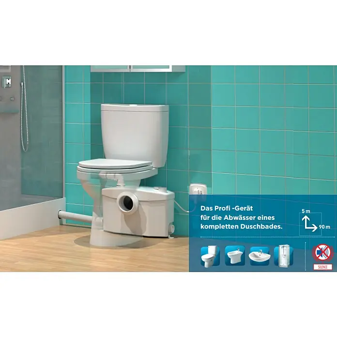SFA Sanibroy Kleinhebeanlage Pro XRMax. Förderhöhe: 5 m, Max. Förderweite: 90 m - Das Bild zeigt eine Saniermarin-Toilette, die speziell für Badezimmer entwickelt wurde. Ideal für Abwasserentsorgung in Duschen.