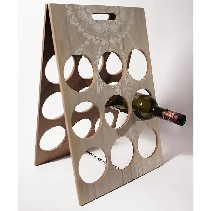 Weinregal - L x B x H: 30 x 20 x 48 cm, Anzahl Flaschen: 9 Stk., Holz - Weinregal aus Holz mit mandalaartigem Muster und Flasche. Praktische und stilvolle Aufbewahrung für edle Tropfen.