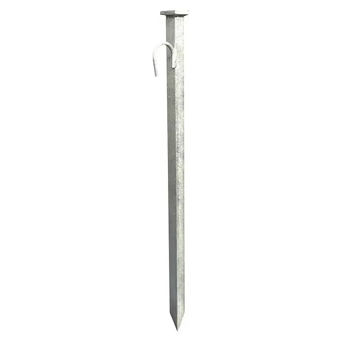 Schake Stahlnagel - Länge: 800 mm, 1 Stk., Stahl - Eine Pfostenhalterung aus Metall mit einem gebogenen Haken und einer quadratischen Basis, ideal zur Befestigung von Pfosten im Freien.