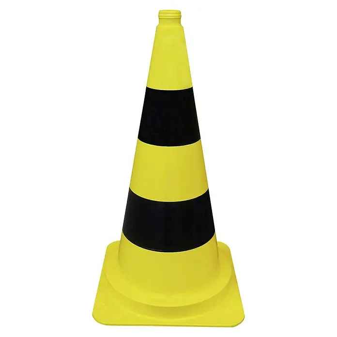 Schake Leitkegel - Höhe: 320 mm, Schwarz, Gelb, Kunststoff - Gelber Verkehrskegel mit schwarzen Streifen, der für Strassenarbeiten und Sicherheitsbereiche verwendet wird.
