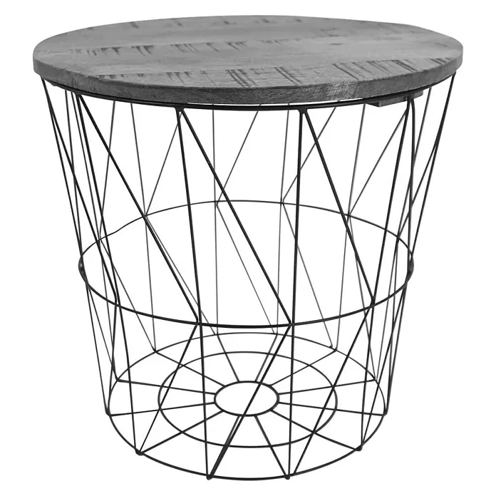 Beistelltisch Konisch - Ø x H: 39,5 x 45 cm, Schwarz, Mangoholz - Dekorativer, runder Beistelltisch mit einer Tischplatte aus Holz und einem Untergestell aus filigranem, schwarzem Metalldraht.