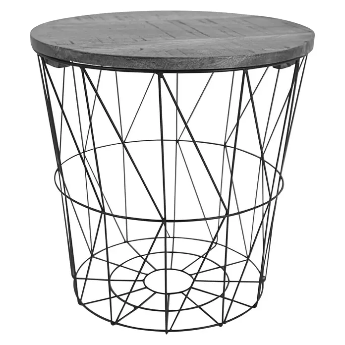 Beistelltisch Konisch - Ø x H: 37,5 x 35 cm, Schwarz, Mangoholz - Moderner Beistelltisch mit Holzplatte und Drahtgestell. Ideal als Nachttisch oder dekoratives Element im Wohnbereich.