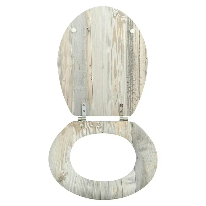 MSV Tapa de WC Ombo - MDF, Beige - Un asiento de inodoro con aspecto de madera con bisagras de acero inoxidable, en colores claros. El asiento del inodoro está abierto.
