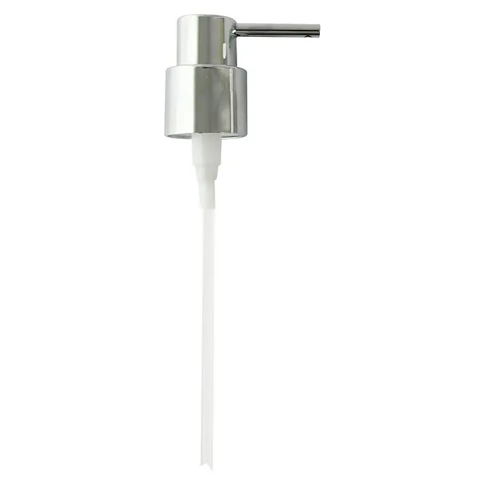 MSV Bomba dosificadora de jabón - L x An x Al: 62 x 62 x 192 cm, Plástico, Cromo - Primer plano de una bomba dispensadora de jabón cromada brillante con un tubo largo blanco sobre un fondo negro.