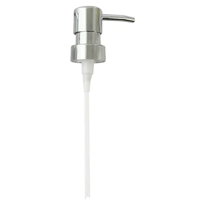MSV Bomba dosificadora de jabón - L x An x Al: 67 x 67 x 195 cm, Plástico, Cromo - Primer plano de un dispensador de jabón de acero inoxidable con un tubo largo de plástico blanco para dispensar fácilmente jabón líquido.