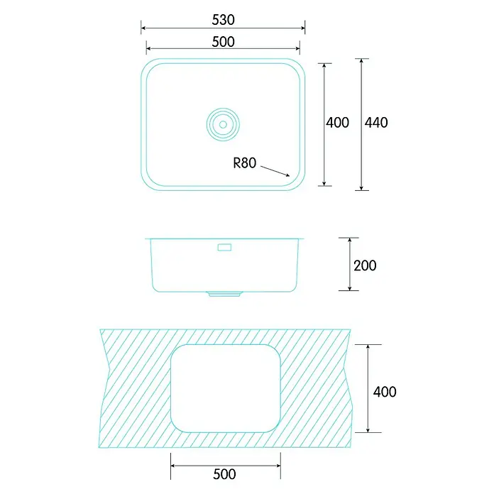 Edesa Fregadero encastrable Fuji - 40 x 50 cm, Acero inoxidable - Esquema de un fregadero de cocina rectangular con esquinas redondeadas de 530 x 440 mm, profundidad de instalación 200 mm, radio de esquina R80.