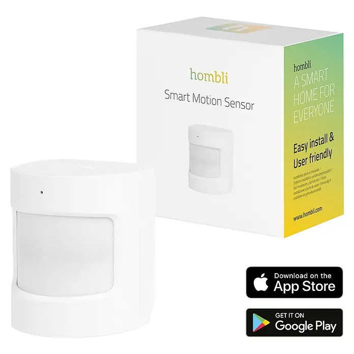 Hombli Bewegungsmelder - Reichweite Sensor: 8 m, Weiß, Erfassungswinkel Sensor: 120 °, L x B x H: 3,5 x 3,8 x 4,65 cm - Das Bild zeigt einen Hombli Smart Motion Sensor mit Verpackung und App-Store-Logos, ein praktisches Gerät für ein intelligentes Zuhause.