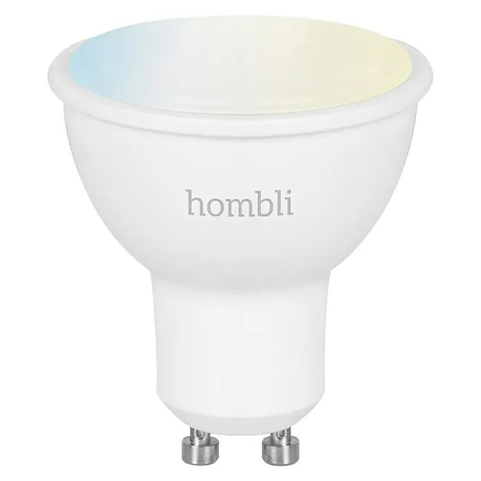 Hombli Smart-LED-Lampe Reflektor GU10GU10, Dimmbar, Warmweiß, 350 lm, 4,5 W - Nahaufnahme einer smarten, weißen Hombli LED-Lampe mit farbiger Beleuchtung und GU10-Sockel für stimmungsvolles Licht.
