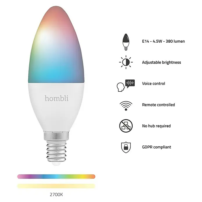 Hombli Smart-LED-Lampe - E14, Dimmbar, RGBW, 800 lm, 4,5 W, 1 Stk. - Das Bild zeigt eine smarte Hombli E14 Glühbirne mit Farbwechselfunktion, die per App oder Sprache gesteuert werden kann.