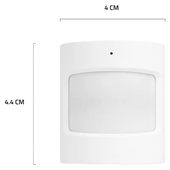 Hombli Bewegungsmelder - Reichweite Sensor: 8 m, Weiß, Erfassungswinkel Sensor: 120 °, L x B x H: 3,5 x 3,8 x 4,65 cm - Nahaufnahme eines Bewegungsmelders mit Größenangaben, der 4 cm breit und 4,4 cm hoch ist.