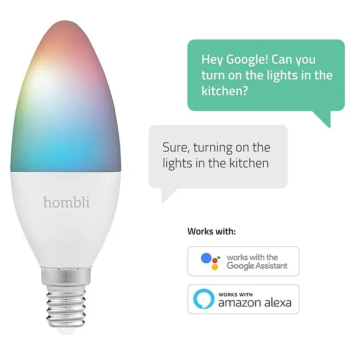 Hombli Smart-LED-Lampe - E14, Dimmbar, RGBW, 800 lm, 4,5 W, 1 Stk. - Intelligente Hombli-Glühbirne, die mit Google Assistant und Amazon Alexa kompatibel ist, für eine einfache Sprachsteuerung Ihrer Beleuchtung.