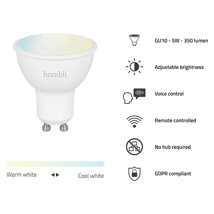 Hombli Smart-LED-Lampe Reflektor GU10 - GU10, Dimmbar, Warmweiß, 350 lm, 4,5 W - Intelligente Hombli GU10 LED-Lampe mit einstellbarer Helligkeit, Sprachsteuerung und Fernbedienung. Kein Hub erforderlich, GDPR-konform.