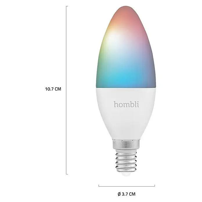 Hombli Smart-LED-Lampe - E14, Dimmbar, RGBW, 800 lm, 4,5 W, 1 Stk. - Abbildung einer Hombli Smart Candle E14-Glühbirne mit ihren Abmessungen: 10,7 cm hoch und 3,7 cm im Durchmesser.
